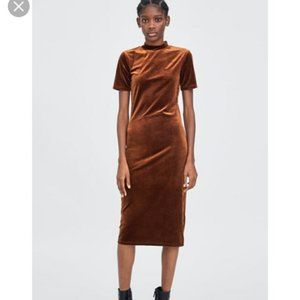 NWT Zara Brown Velvet Mock Neck Stretchy Fitted Knee-Length Dress - Sz L